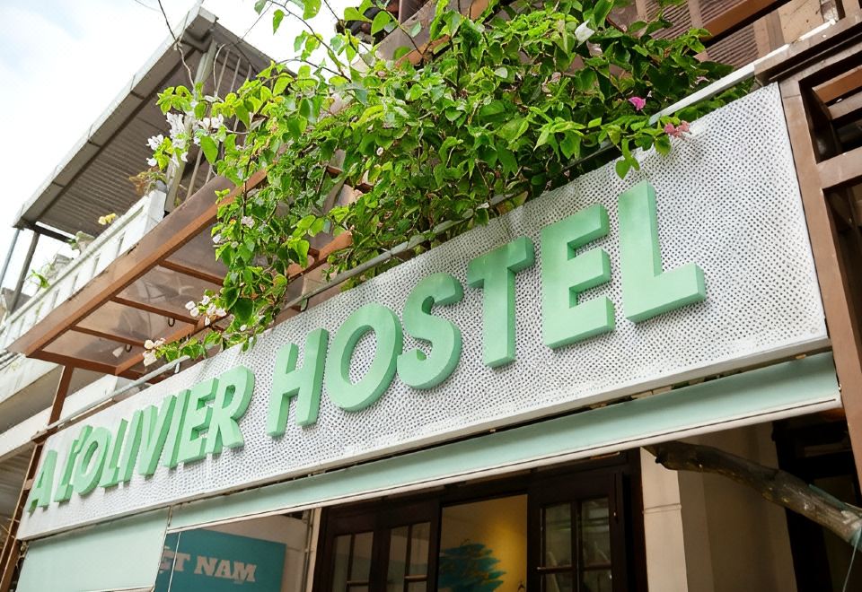 The green A L'Olivier Hostel sign above the entrance, framed by bougainvillea